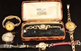 Five various 9ct gold cased ladies wristwatches, one in original W Thomas of Chester, Ellesmere Port