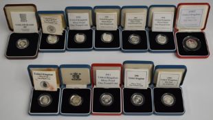 Ten Royal Mint UK Silver Proof £1 coins, 1983 through to 1994, together with a 1997 Falkland Islands