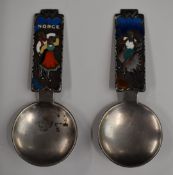 Two Norwegian silver tea caddy spoons with enamelled decoration, both marked 925, length 11.5cm,
