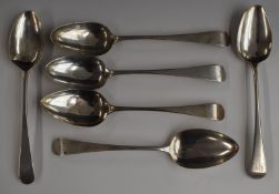 Six Georgian Old English pattern hallmarked silver table spoons, various dates and maker including a