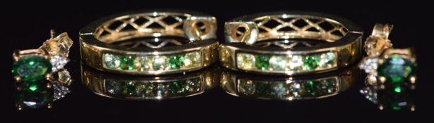 Two pairs of 9ct gold earrings, one pair set with sphene, tsavorite garnet & demantoid and the other