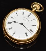 Thomas Russell & Son 18ct gold keyless winding open faced pocket watch with blued hands, black Roman