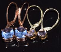 Two pairs of 9ct gold earrings, one pair set with colour change fluorite and the other quartz, 3.9g