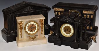 Four slate / faux slate etc mantel clocks, one lacking movement and dial, tallest 29cm