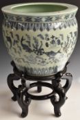 Chinese contemporary blue and white porcelain jardinière or fish bowl on hardwood stand, D45.5 x