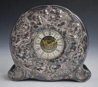 Hallmarked silver mounted Precista mantel or dressing table clock, with embossed decoration of