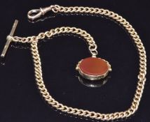 A 9ct gold Albert chain with 9ct gold swivel fob and T-bar, 50g, length 38cm