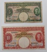 Malaya 1st July 1941, 5 dollar note and 10 dollar note