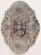 Chinese silver filigree dish with character marks to base, length 20cm, weight 126g