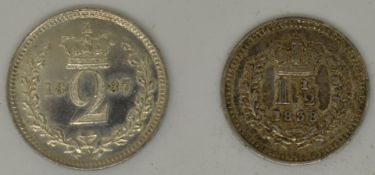 Queen Victoria 1887 Maundy twopence together with an 1838 colonies penny-halfpenny