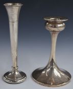 Hallmarked silver candlestick, height 14cm, together with a hallmarked silver trumpet vase