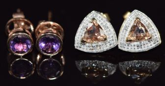 A pair of 9ct gold earrings set with an amethyst to each and a pair of 9ct gold earrings set with