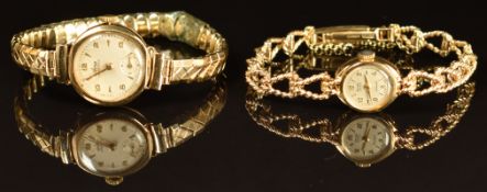 Two 9ct gold ladies wristwatches both with gold hands, Arabic numerals and silver dials, one