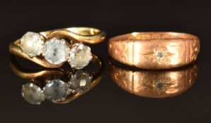 A 15ct gold ring set with a diamond, Chester 1895 (size O, 1.3g) and a yellow metal ring set with
