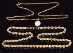 A 9ct gold rope twist necklace and a 9ct gold pendant set with mother of pearl on 9ct gold chain,