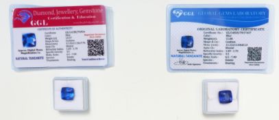 Two loose cushion cut tanzanites, one approximately 10.37ct the other 11ct