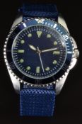 UK Royal Navy SBS military style gentleman's wristwatch with luminous hands and hour markers, blue