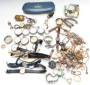 A collection of costume jewellery including silver pusher, coins, watches, pocket watches, etc