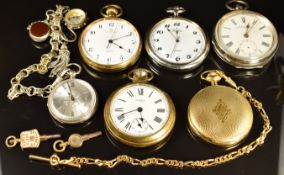 Six various pocket watches comprising a 'Fine Silver' example on white metal chatelaine, H Samuel