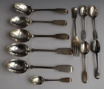 Georgian and later fiddle pattern hallmarked silver cutlery comprising five table spoons including a