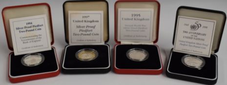 Royal Mint UK Silver Proof Piedfort £2 coins comprising 1994 Tercentenary, 1995 UN Anniversary, 1995