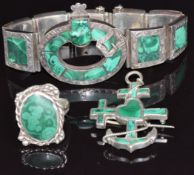 Victorian silver bracelet set with malachite, Victorian silver brooch set with malachite in the form