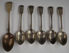 Georgian and Victorian hallmarked silver fiddle pattern spoons, comprising table spoon and five