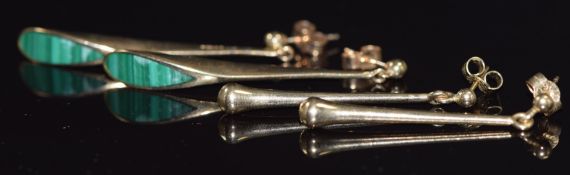 A pair of 9ct gold earrings set with malachite and another pair of 9ct gold earrings, 8.5g