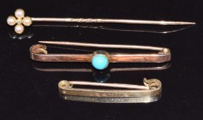 A 15ct gold brooch (1.5g), 9ct gold brooch set with a turquoise cabochon and a stick pin set with