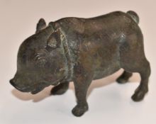 Roman bronze boar or pig with rope halter and bell, pronounced eyes, flattened snout and lined