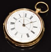 Unnamed 18ct gold open faced centre seconds chronograph pocket watch with blued seconds hand, gold