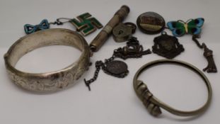 A silver bangle, silver pencil, micro mosaic brooch, silver and enamel butterfly, etc