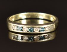 A 9ct white gold half eternity ring set with blue diamonds and diamonds, size N/O, 2.5g