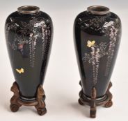 A pair of cloisonné vases on stands, with white metal mounts and four character marks to base, H9.