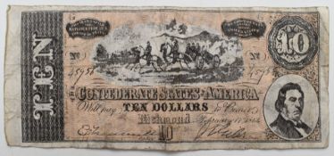 1864 The Confederates of America $10 note, no 45956