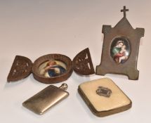 Religious portrait miniature, height including frame 11cm, further similar example with oval