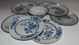 Eight 19thC Chinese porcelain blue and white export plates and dishes, largest diameter 28cm