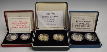 Royal Mint UK Silver Proof coin pair sets comprising 1997-1998 £2, 1992 10p 'old and new' and a 1990