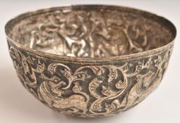 Eastern silver bowl with embossed decoration of animals and foliage, diameter 12cm, height 6cm,