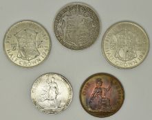 Five UK coins comprising George VI 1941 and 1943 half crowns, a 1938 penny, all uncirculated, and