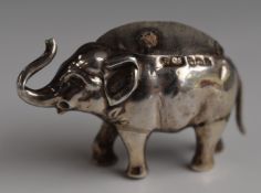 Edward VII hallmarked silver novelty pin cushion in the form of an elephant with raised trunk,