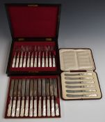 Cased Victorian mother of pearl handled dessert set comprising 12 knives and 12 forks with mother of