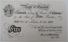 Bank of England, Harvey white £5 note, London 27th October 1919
