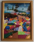 African oil on canvas of a market scene