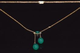 Victorian 9ct gold necklace set with two pear cut chrysoprase drops, an oval chrysoprase cabochon