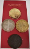 An uncased set of three Feofee of Tetbury millennium medallions, unnumbered, one gilt, one white