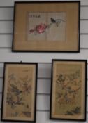 Chinese embroidery of a bird in a tree with a peony and a pair of pictures of mounted warriors,