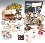 A collection of jewellery including agate necklace, brooches, beaded necklaces, buttons, boxes, etc