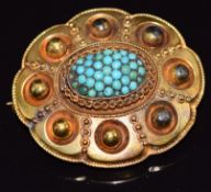 Victorian brooch set with a central cluster of turquoise within a border of sphere design, with