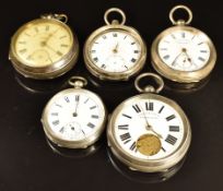 Five silver pocket watches including H E Peck of London, Improved Patent English Lever and H